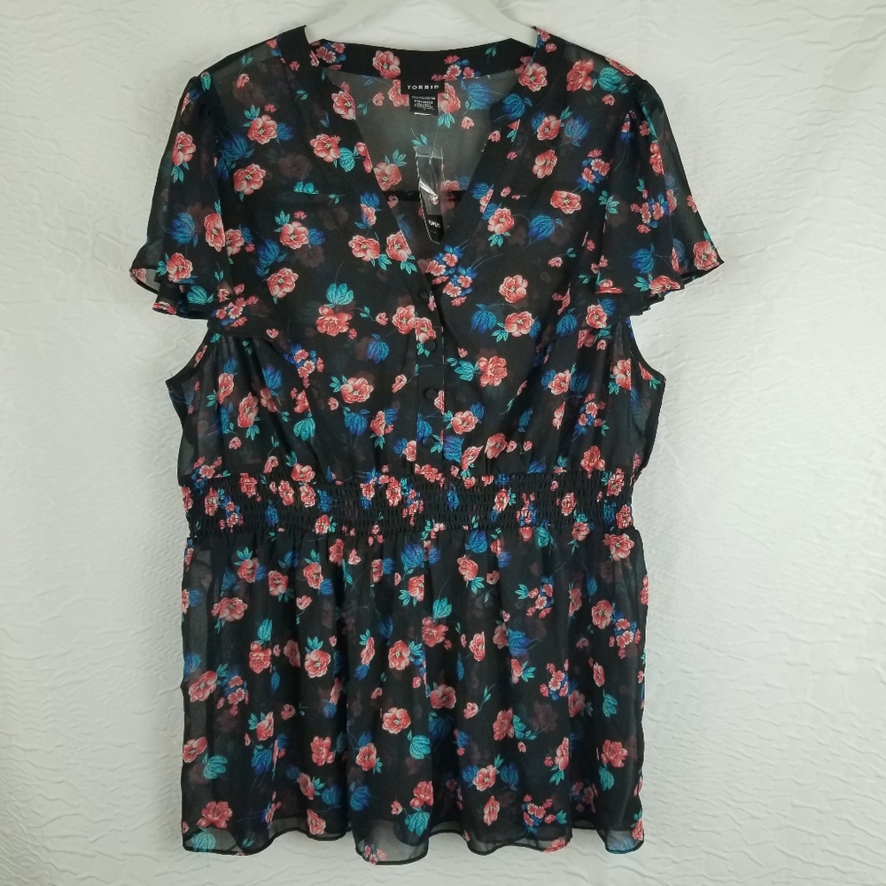 NEW TORRID Empire Waist Blouse Size 1 Women's Plus Size, Black/Floral Print